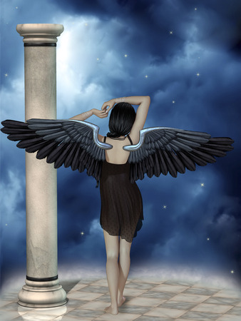 Dark angel in the sky in a fantasy landscapeの写真素材