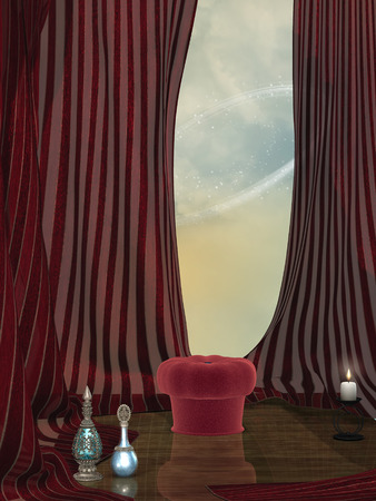 Fantasy stage with red curtain bench and bottleの写真素材