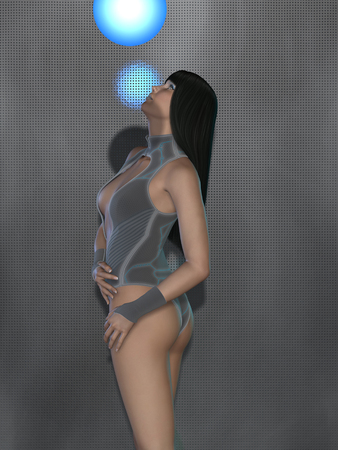 futuristic woman with a led ball in blueの写真素材