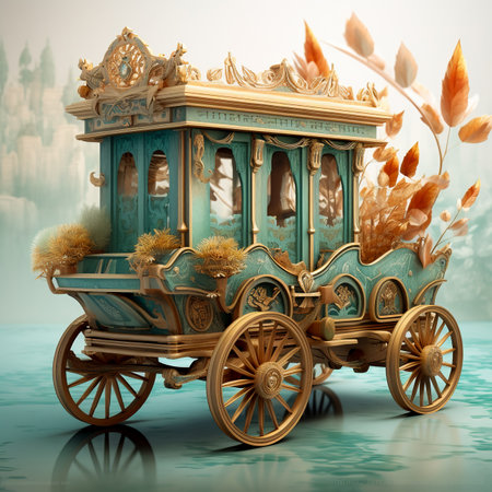 wooden carriage ormament with flowers in a fantasy landscape and birdsの素材