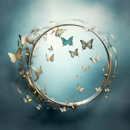 delicate hoop with butterflies and flowers suspended in the skyの素材