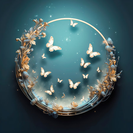 delicate hoop with butterflies and flowers suspended in the skyの素材