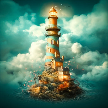 illustration of old lighthouse in a fantasy scene with flowers and wavesの素材