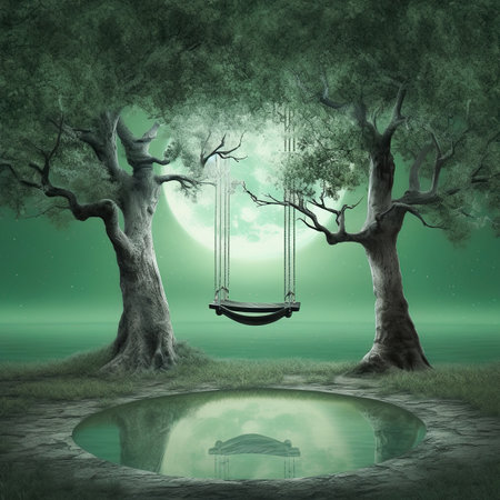 hammock in a tree in fantasy lnadscape with big moonの素材