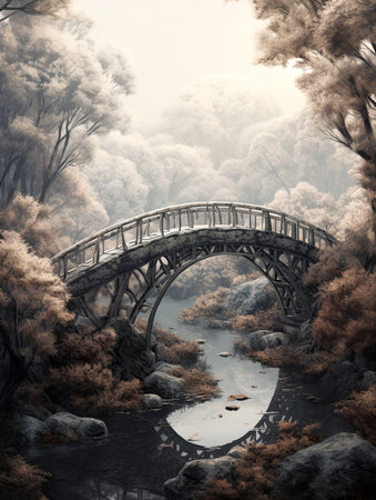 fantasy landscape with wooden bridge to the sky and big moonの素材