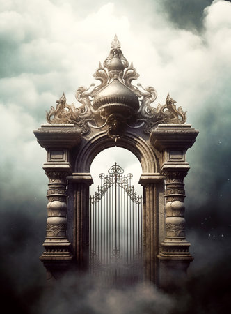 entrance to the heaven with huge portal between the cloudsの素材