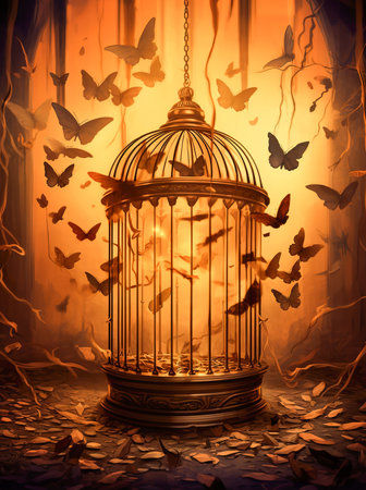 golden cage with butterfly in a fantasy environmentの素材
