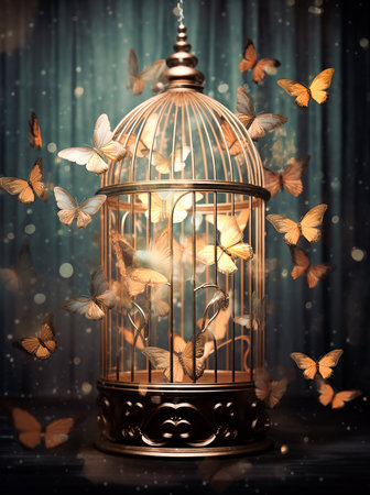 golden cage with butterfly in a fantasy environmentの素材