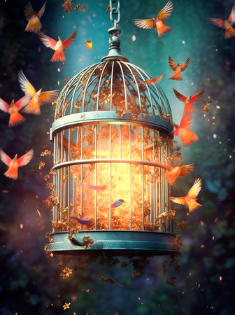 golden cage with butterfly in a fantasy environmentの素材