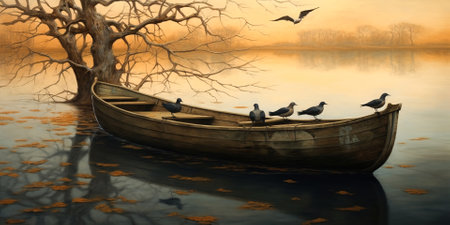 lonely boat in paradisiacal and calm landscape in the golden hourの素材