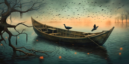 lonely boat in paradisiacal and calm landscape in the golden hourの素材