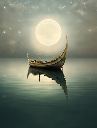 lonely boat in paradisiacal and calm landscape in the golden hourの素材