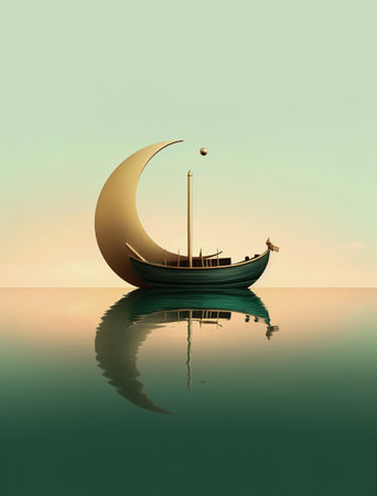 lonely boat in paradisiacal and calm landscape in the golden hourの素材