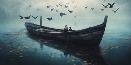 lonely boat in paradisiacal and calm landscape in the golden hourの素材