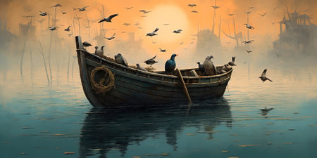 lonely boat in paradisiacal and calm landscape in the golden hourの素材