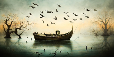 lonely boat in paradisiacal and calm landscape in the golden hourの素材