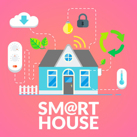 Vector Modern Smart House with Energy, Security, Wireless Network, Conditioning and Monitoring. Flat Design Illustrationのイラスト素材