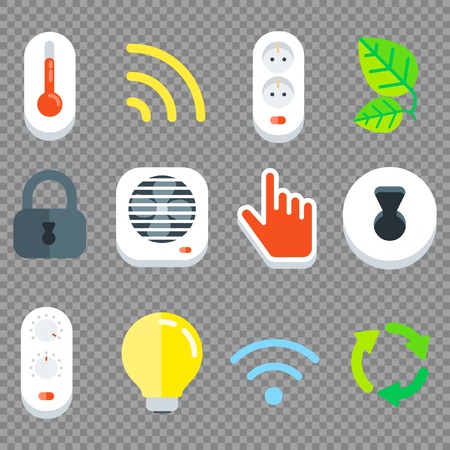 Vector Flat Tech Icon Set with Wireless Technology, Smart Lock, Security, Eco, Temperatureのイラスト素材