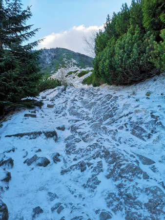 A sunny winter day and a trail to Hala GÄsienicowa Valley in Tatra Mountains, Poland. The surface is covered with fresh frozen snow.の写真素材