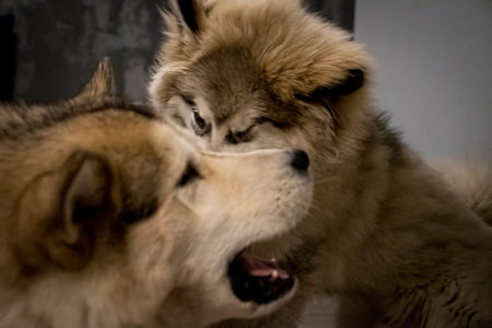 Alaskan malamutes in motion, two friendly dogs playing, blurred picture of furry pets socializing....