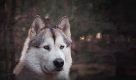 Concentrated look in the eyes of Alaskan Malamute girl. Purebred dog in the forest. Professional pet photography. Selective focus on the eyes, blurred background.の写真素材