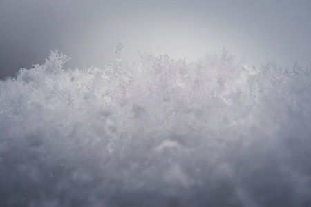 Abstract snowflake pattern. Macro shot made outdoors. Closeup of small white pieces of snow in...