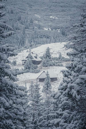 Small wooden cabins in Tatra Mountains, Poland. Vertical closeup of traditional Polish highland architecture in a valley. Selective focus on the exterior of the buildings, blurred background.の写真素材