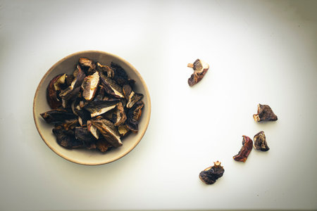 Retro style view of dried mushrooms. Fresh sliced boletus edulis in a ceramic bowl. Gourmet dish...