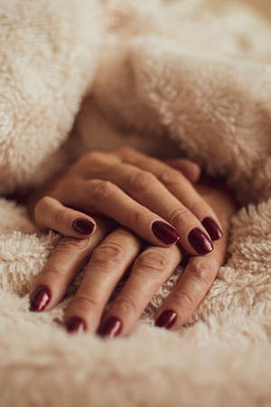 Female hands with dark red nails. Neat and elegant manicure for a lady. Royal bordeaux color on fingernails. Selective focus on the details, blurred background.の写真素材
