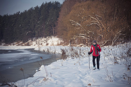 Neris Regional Park, Lithuania - 21st January 2021: active woman walking on a frozen riverside. Sunny morning, healthy lifestyle, female trekking with the poles in the woodland.のeditorial素材