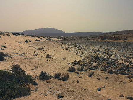 Rocky desert view in Africa. Sun high over the horizon, small volcanic hills in the distance, arid...