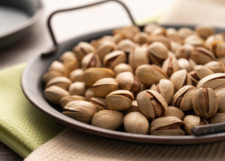 Pistachios served on a tray, selective focus image in high resolution. Nuts for healthy snack