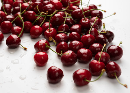 Bunch of fresh organic sweet cherries on background Clean eating concept Healthy nutritious vegan...