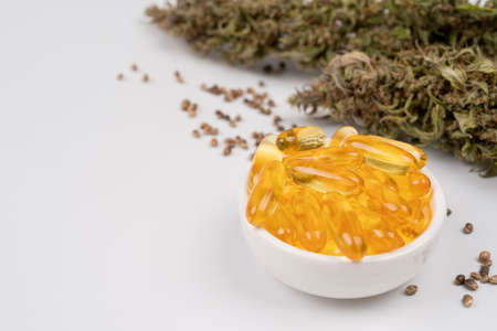 medical cannabis oil capsules and buds. cannabis products, pills and cbd oil over medical prescription sheet - medical marijuana conceptの写真素材