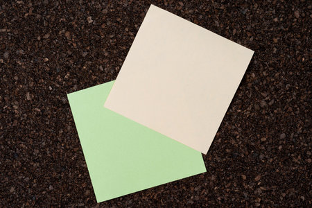 Blank two sheet of paper, lay on the cork board with copy space for text. close up view of...