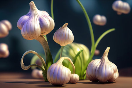 3D illustration of fresh raw garlic bulb and cloves falling on to a table. Cartoon animation of garlic vegetable in bright light. Digital wallpaper art featuring a spice.の写真素材