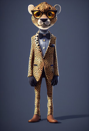 3D digital illustration of an anthropomorphic cheetah with a suit and glasses and dress shoes. Cool cheetah animal character standing on a plain blue background.の写真素材