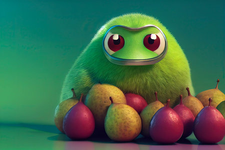 3D illustration of a kiwi monster. Cute green kiwi animal hoarding plums and pears.