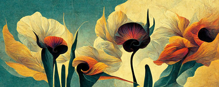 Abstract, dreamlike flowers inspired by Salvador Dali's art, psychedelic floral design for wallpapers and backgrounds. Decorative design for flyers and postcardsの写真素材