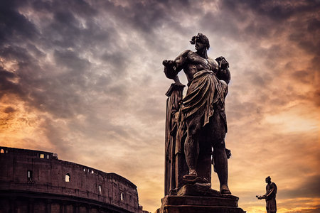 3D digital fantasy concept art featuring Colossus of Nero in ancient Rome. 30 meter tall, bronze, Roman statue in olden Italy. Illustration featuring historic statue of Emperor Neroの写真素材