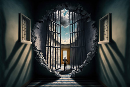 Abstract digital artwork featuring a prisoner breaking out of his cell in prison