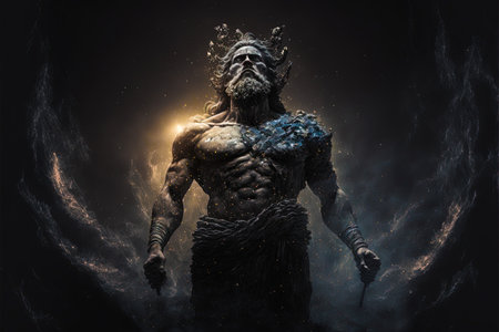 Mythological Greek god of darkness Erebus surrounded by the universe against a dark background. Primordial deity Erebos in place between earth and Hades. A powerful divine night entity.の写真素材