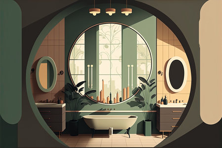 Art deco illustration of a vintage mid century modern art bathroom. Green hues in a minimalist art noveau retro restroom. Trendy bathroom design artwork.の写真素材