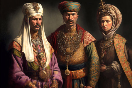 Medieval nobles and courtiers dressed in rich silks and jewels. Byzantine fashion illustration with high social status members in Byzantine Empire. Upper class nobles in the middle ages. generative aiの素材