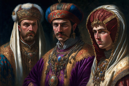 Medieval nobles and courtiers dressed in rich silks and jewels. Byzantine fashion illustration with high social status members in Byzantine Empire. Upper class nobles in the middle ages. generative aiの素材
