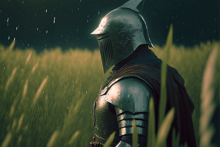 Crusader knight standing in in wheat fields with metal armour. Raining moody atmosphere and a historic medieval templar after a battle. Wallpaper background illustration concept art. generative aiの素材