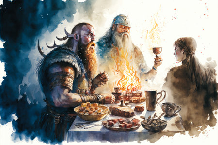 Norsemen feasting at a table with drinks and food. Medieval vikings celebrating together in a Norse mythological illustration. Fantasy artwork of Viking culture. generative aiの素材