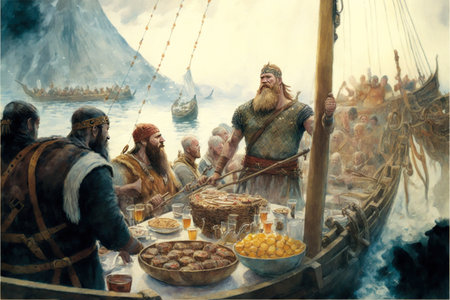 Vikings on a ship with a table full of food and drinks, feasting after a raid. Fantasy illustration of a viking celebration on a boat. Norsemen sat around a table. generative aiの素材