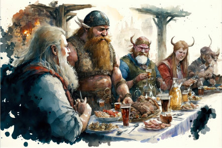 Viking feast with food, drink and entertainment. Vikings with beards sitting behind a table eating and drinking. Illustration of a celebration among Norsemen explorers. generative aiの素材