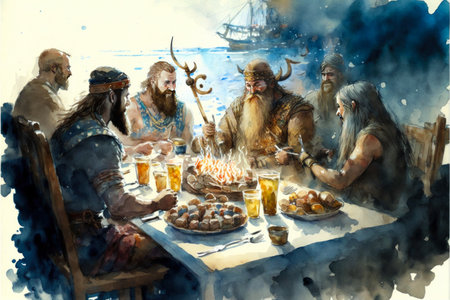Vikings on a ship with a table full of food and drinks, feasting after a raid. Fantasy illustration of a viking celebration on a boat. Norsemen sat around a table. generative aiの素材